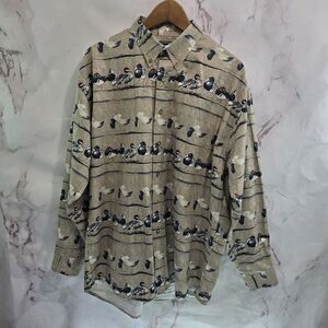 Vintage Button Down Shirt Mens Large Beige Brown Animal Bird Duck Wildlife